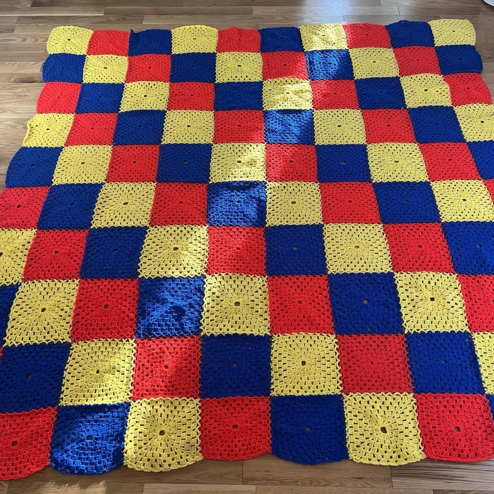 Vintage Cottagecore Afghan Crochet Granny Square  Blanket 90x90 Multi Color
